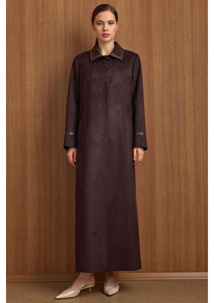 Gömlek Yaka Deri ve Işleme Detaylı Süet Görünümlü Büyük Beden Pardesü K. Kahve 6798
