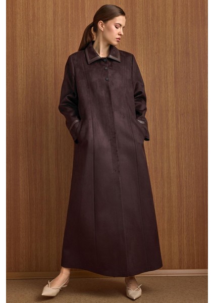 Gömlek Yaka Deri ve Işleme Detaylı Süet Görünümlü Büyük Beden Pardesü K. Kahve 6798 fiyatları