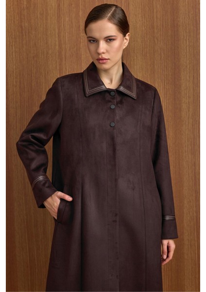 Gömlek Yaka Deri ve Işleme Detaylı Süet Görünümlü Büyük Beden Pardesü K. Kahve 6798 modelleri