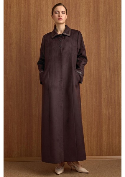 Gömlek Yaka Deri ve Işleme Detaylı Süet Görünümlü Büyük Beden Pardesü K. Kahve 6798 fırsatları