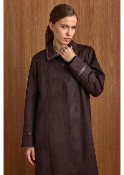 Gömlek Yaka Deri ve Işleme Detaylı Süet Görünümlü Büyük Beden Pardesü K. Kahve 6798 indirimleri