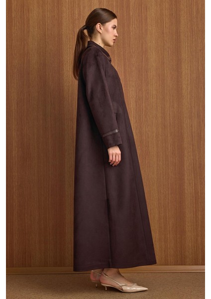 Gömlek Yaka Deri ve Işleme Detaylı Süet Görünümlü Büyük Beden Pardesü K. Kahve 6798