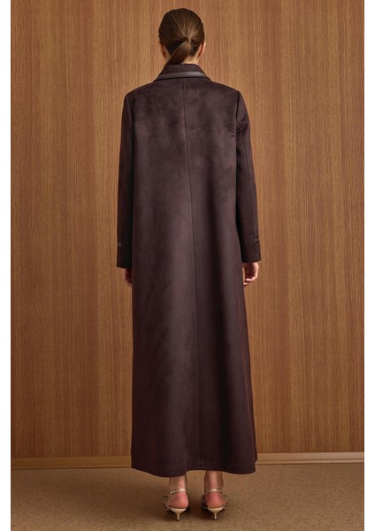 Gömlek Yaka Deri ve Işleme Detaylı Süet Görünümlü Büyük Beden Pardesü K. Kahve 6798