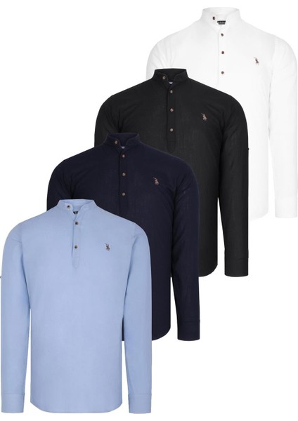 Dörtlü Set G783 Dewberry Hakim Yaka Gömlek-Siyah-Beyaz-Lacivert-Mavi