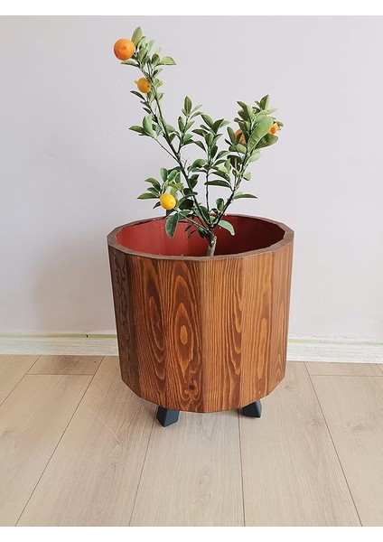 Mobilya Ahşap Ahşap Saksı Yuvarlak Büyük Boy Saksılık Kestane