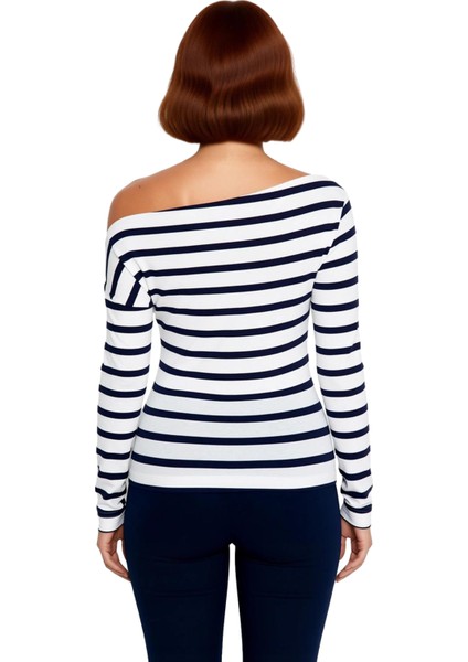 Moda Kayık Yaka Örme Slim Çizgili Desen Casual Günlük Regular Uzun Kol Bluz fiyatları