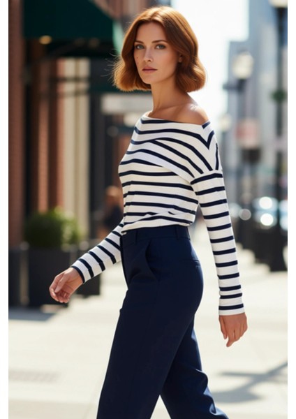 Moda Kayık Yaka Örme Slim Çizgili Desen Casual Günlük Regular Uzun Kol Bluz modelleri