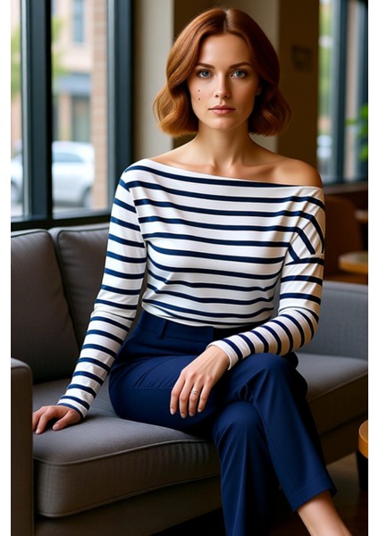 Moda Kayık Yaka Örme Slim Çizgili Desen Casual Günlük Regular Uzun Kol Bluz fırsatları