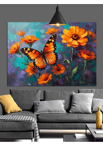 Turuncu Kelebek Uçuyor Çiçekler Dekoratif Kanvas - Mdf Ahşap Tablo