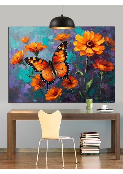 Turuncu Kelebek Uçuyor Çiçekler Dekoratif Kanvas - Mdf Ahşap Tablo modelleri