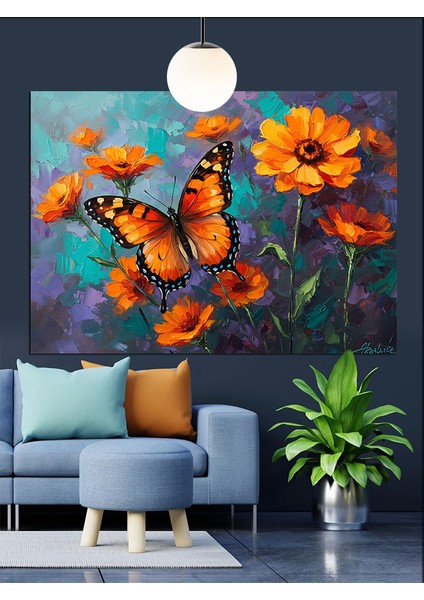 Turuncu Kelebek Uçuyor Çiçekler Dekoratif Kanvas - Mdf Ahşap Tablo fırsatları