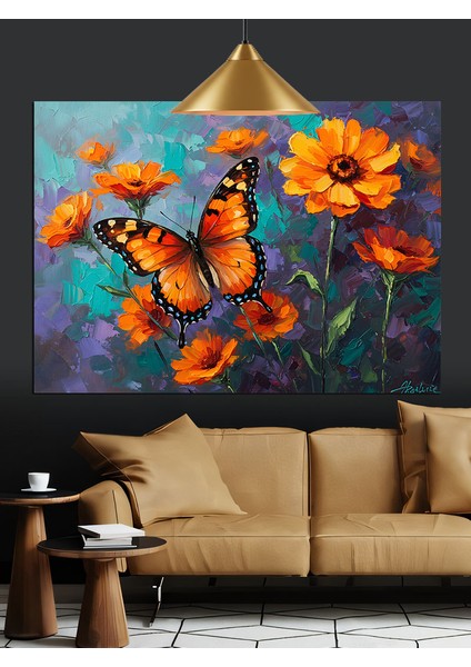 Turuncu Kelebek Uçuyor Çiçekler Dekoratif Kanvas - Mdf Ahşap Tablo indirimleri