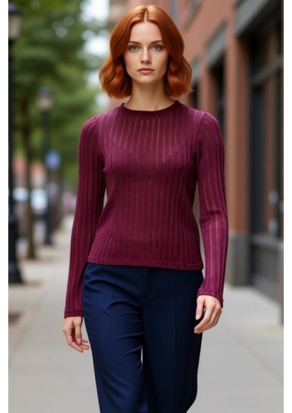 Kadın Moda Şık Regular Bisiklet Yaka Regular Kalıp Örme Transparan Triko Görünümlü Kumaş Boy Bluz fırsatları