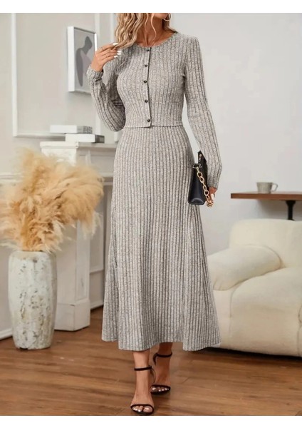 Mdb Kadın Uzun Kollu Önden Düğmeli Bluz ve Yüksek Bel A Kesim Uzun Etek Şardonlu Kaşkorse Ikili Takım indirimleri