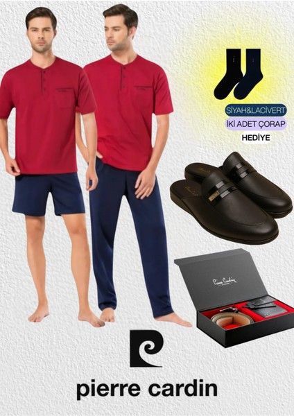 Bordo Penye 3'lü Kısa Kol Pijama Takımı & Deri Terlik & Kemer Cüzdan Set L1.PC.5370.ST02