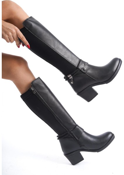 Kadın Loft Halat Toka Detaylı Dalgıç Kumaş Çizme Siyah