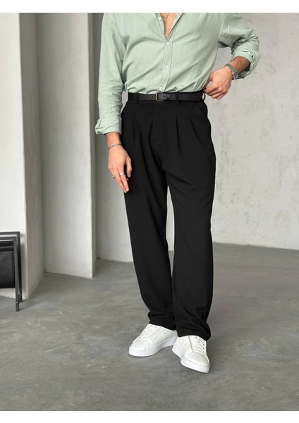 Erkek Siyah Pileli Baggy Kumaş Pantolon