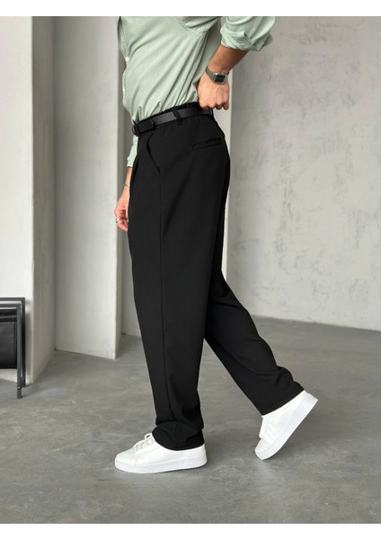 Erkek Siyah Pileli Baggy Kumaş Pantolon modelleri
