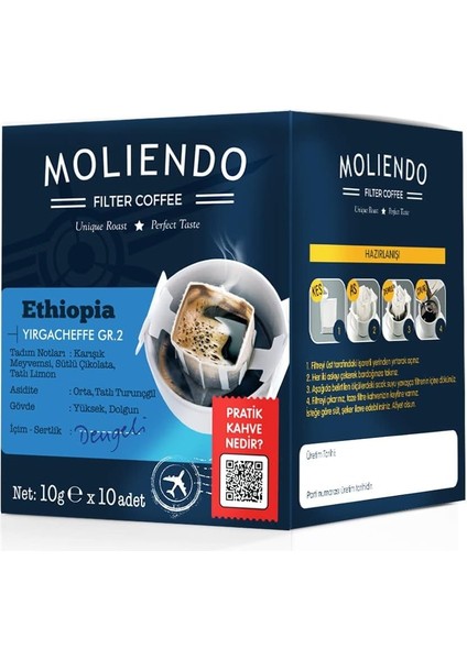 Moliendo Finest Coffee Ethiopia Yirgacheffe Pratik Filtre Kahve 10X10 G