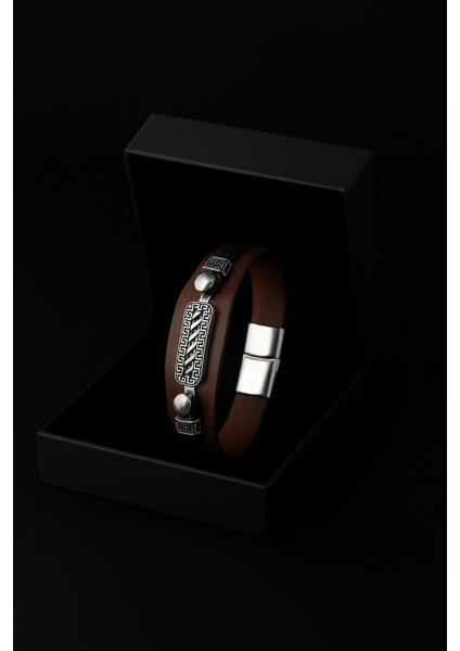 Zirkon Taşlı Kahverengi Erkek Deri Bileklik, Özel Üretim Erkek Bilekliği