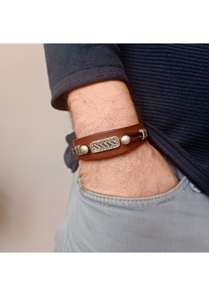 Zirkon Taşlı Kahverengi Erkek Deri Bileklik, Özel Üretim Erkek Bilekliği modelleri