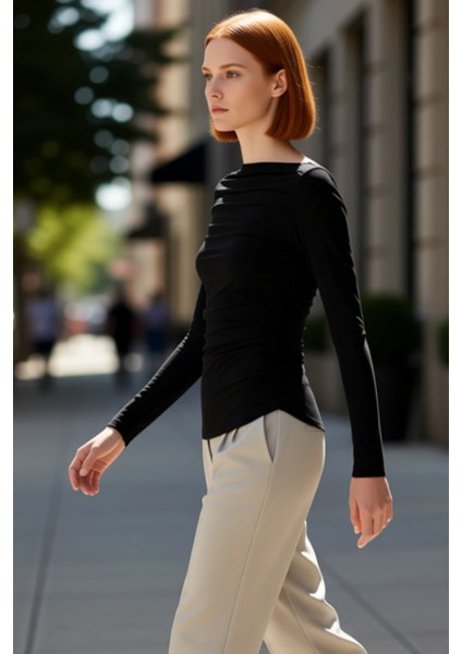 Kadın Bordo Kayık Yaka Drapeli Fitted Esnek Örme Uzun Kollu Bluz Smart Casual Günlük ve Gece