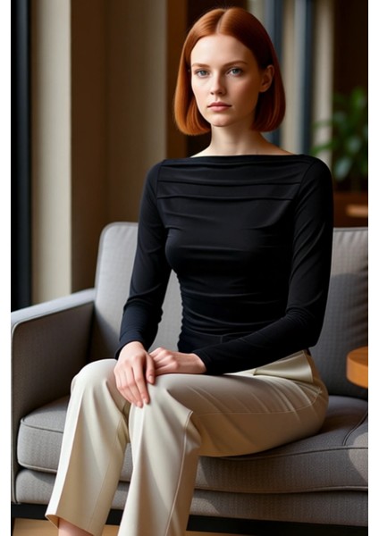 Kadın Bordo Kayık Yaka Drapeli Fitted Esnek Örme Uzun Kollu Bluz Smart Casual Günlük ve Gece fiyatları