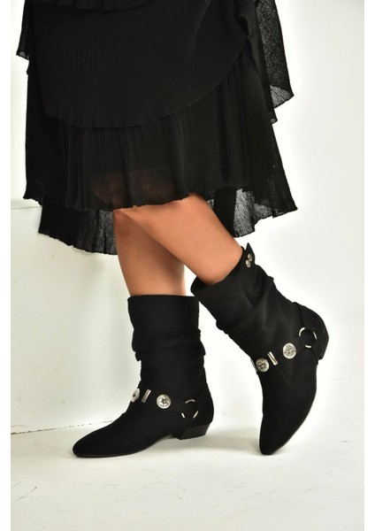 V380519002 Siyah Süet Düz Tabanlı Rahat Kalıp Kadın Bot