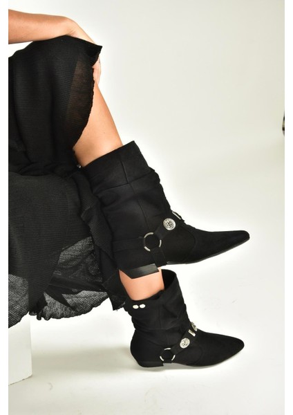 V380519002 Siyah Süet Düz Tabanlı Rahat Kalıp Kadın Bot fiyatları