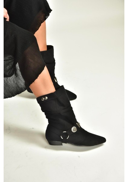 V380519002 Siyah Süet Düz Tabanlı Rahat Kalıp Kadın Bot indirimleri