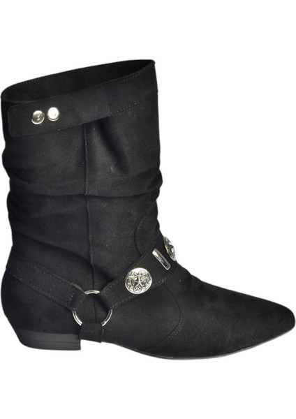 V380519002 Siyah Süet Düz Tabanlı Rahat Kalıp Kadın Bot