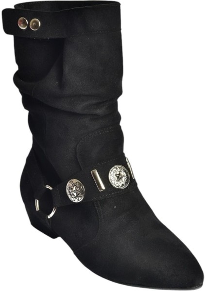 V380519002 Siyah Süet Düz Tabanlı Rahat Kalıp Kadın Bot