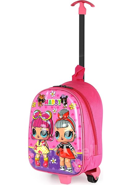 Anaokulu Çocuk Valiz Sırt Çantası Çekçekli Şeker Bebek Model Sert Ön Yüzey 5d Boyutlu Pembe