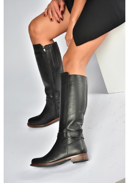 V398750603 Siyah Hakiki Deri Alçak Tabanlı Kadın Çizme modelleri