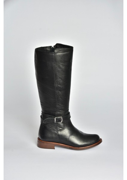 V398750603 Siyah Hakiki Deri Alçak Tabanlı Kadın Çizme fırsatları