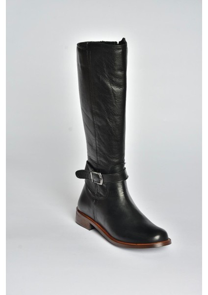 V398750603 Siyah Hakiki Deri Alçak Tabanlı Kadın Çizme indirimleri