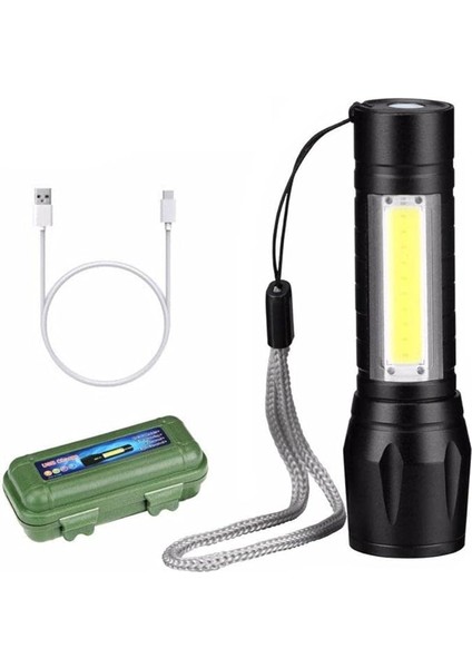 Güçlü Mini El Feneri - Cob Ledli, USB Şarjlı, Kutulu