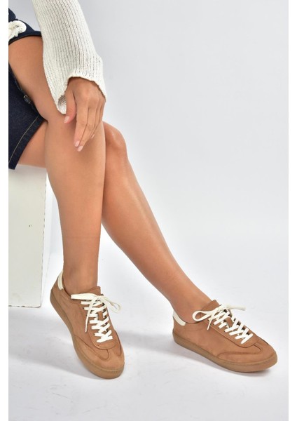 V999061501 Taba Hakiki Deri Nubuk Kadın Spor Ayakkabı Sneakers
