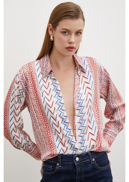 Kadın Uzun Kol Geometrik Desenli Renkli Pamuk Saten Premium Kalite Spor Şık Gömlek