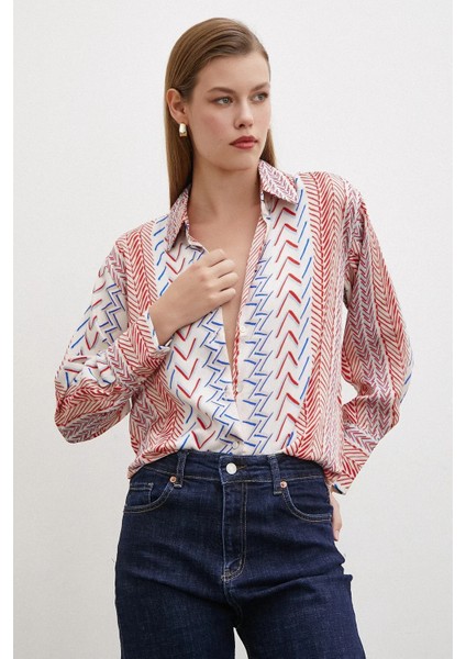 Kadın Uzun Kol Geometrik Desenli Renkli Pamuk Saten Premium Kalite Spor Şık Gömlek fiyatları