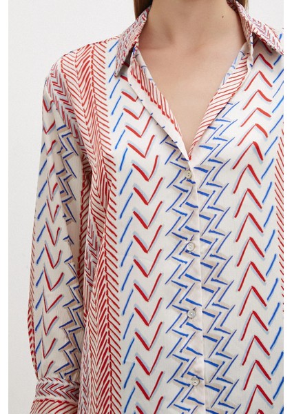 Kadın Uzun Kol Geometrik Desenli Renkli Pamuk Saten Premium Kalite Spor Şık Gömlek modelleri