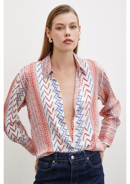 Kadın Uzun Kol Geometrik Desenli Renkli Pamuk Saten Premium Kalite Spor Şık Gömlek fırsatları