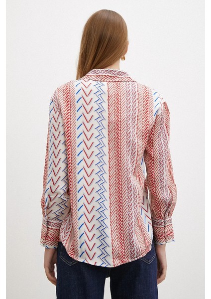 Kadın Uzun Kol Geometrik Desenli Renkli Pamuk Saten Premium Kalite Spor Şık Gömlek indirimleri