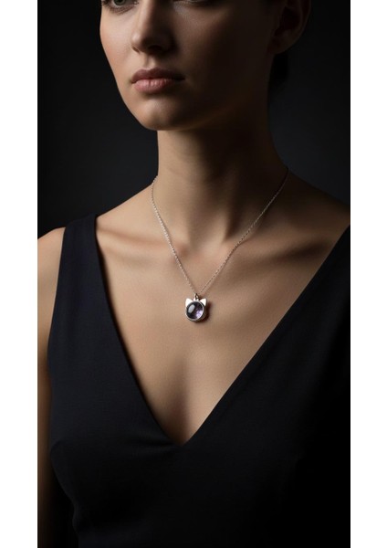 Ametist Taşlı Kedi Gümüş Kolye fırsatları