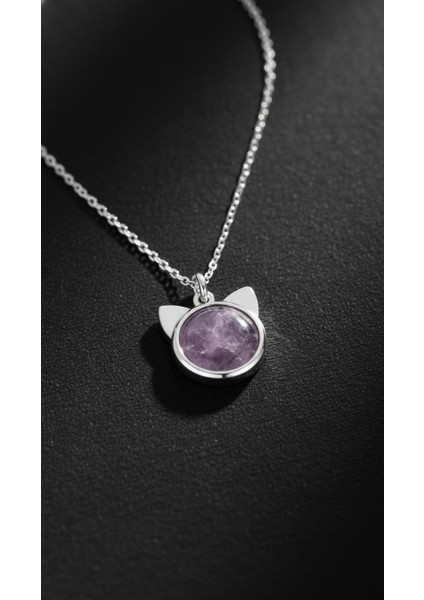 Ametist Taşlı Kedi Gümüş Kolye indirimleri