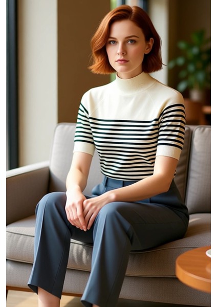 Moda Dik Yaka Triko Slim Düz Desen Casual Günlük Regular Kısa Kol Bluz