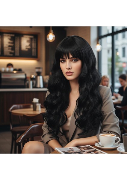 Dalgalı Perçemli Uzun Fiber Sentetik Peruk - Koyu Kestane