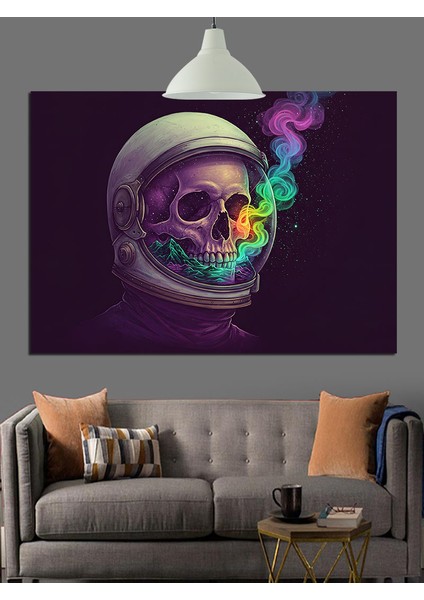 Uzayda Kasklı Kafatası Figürü Dekoratif Kanvas - Mdf Ahşap Tablo fiyatları