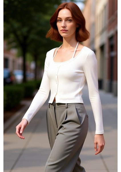 Kadın Bisiklet Yaka Düğmeli Ince Dokulu Vücuda Oturan Uzun Kollu Kaliteli Şık Rahat Modern