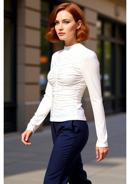 Kadın Vücuda Oturan Dik Yaka Uzun Kollu Büzgülü Örme Kaliteli Şık Rahat Modern Zarif Günlük